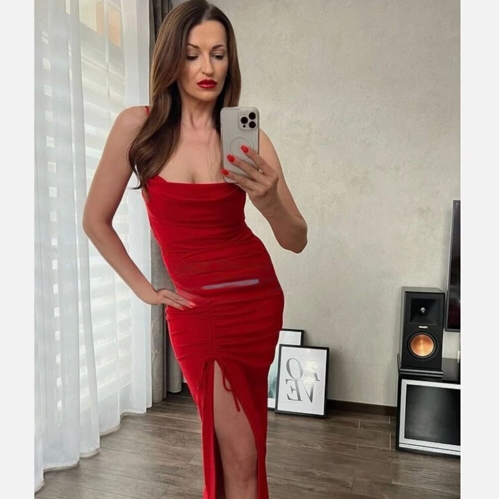 Zara Strappy Draped Slit Midi Dress Red Size Medium Blogger Fav